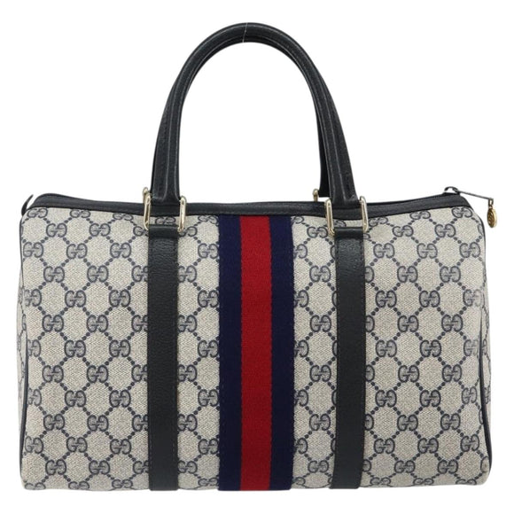 GUCCI GG Supreme Sherry Line Boston Bag PVC Navy Gold Red 40 3842 Auth BA5638