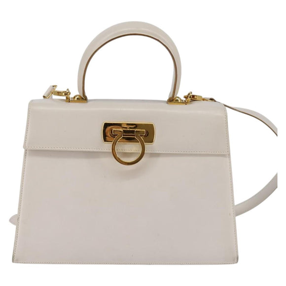 Salvatore Ferragamo Gancini Hand Bag Leather 2way White Gold Auth BA5653