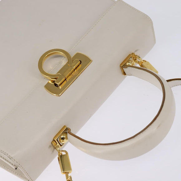 Salvatore Ferragamo Gancini Hand Bag Leather 2way White Gold Auth BA5653