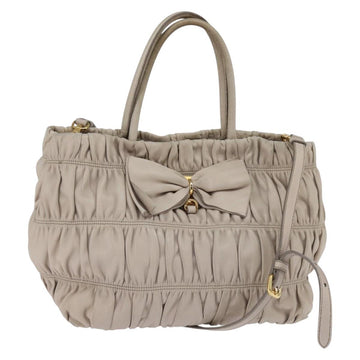 PRADA Gathered Hand Bag Leather 2way Beige Gold Auth BA5654