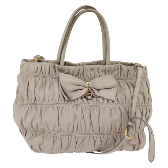 PRADA Gathered Hand Bag Leather 2way Beige Gold Auth BA5654