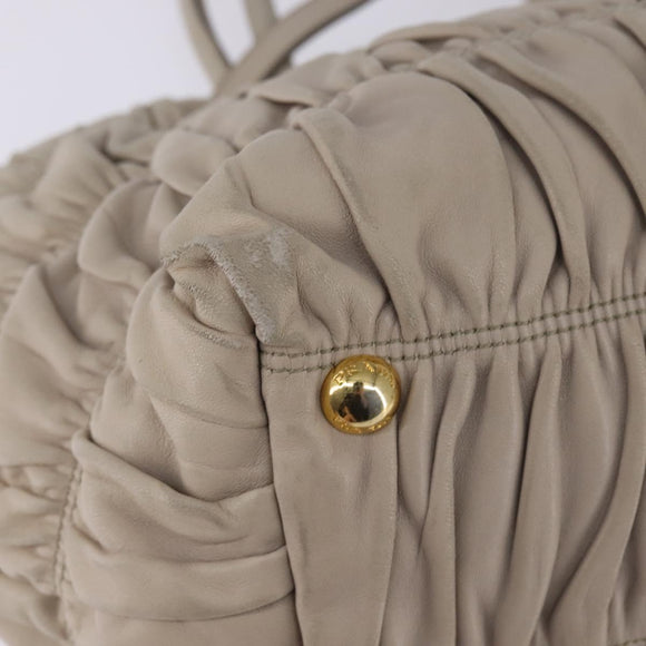 PRADA Gathered Hand Bag Leather 2way Beige Gold Auth BA5654