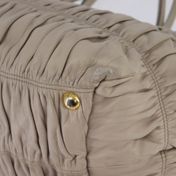 PRADA Gathered Hand Bag Leather 2way Beige Gold Auth BA5654