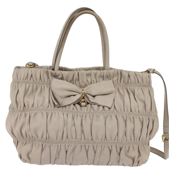 PRADA Gathered Hand Bag Leather 2way Beige Gold Auth BA5654