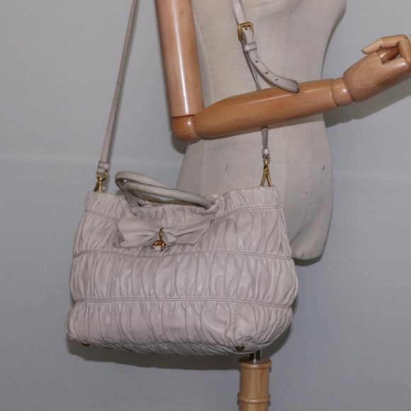 PRADA Gathered Hand Bag Leather 2way Beige Gold Auth BA5654