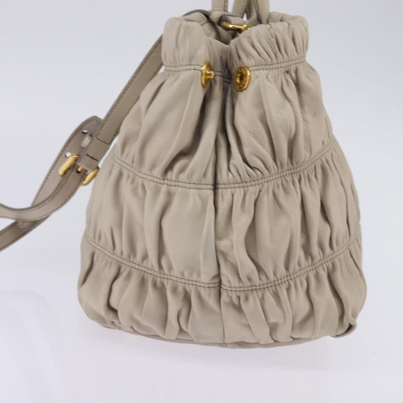 PRADA Gathered Hand Bag Leather 2way Beige Gold Auth BA5654