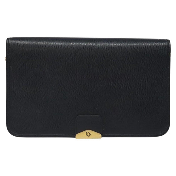 Christian Dior Chain Shoulder Bag Leather Navy Gold Auth BA567