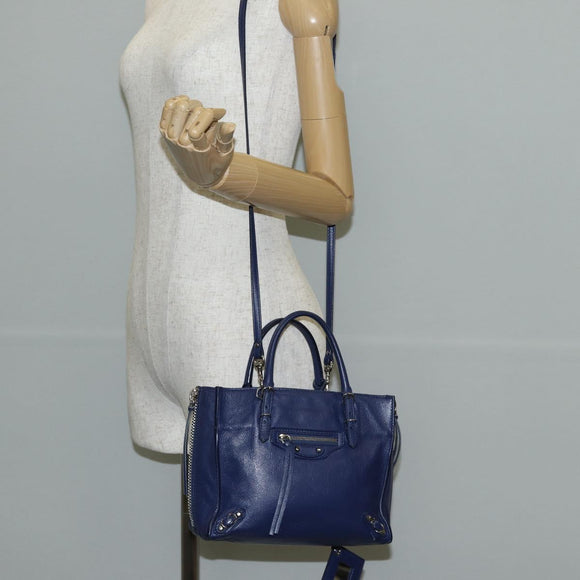BALENCIAGA Paper Mini Hand Bag Leather 2way Blue Silver 357333 Auth BA5681V