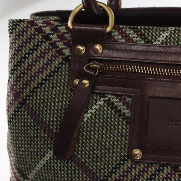 BURBERRY Nova Check Tote Bag Wool Leather Green Brown Auth BA5684