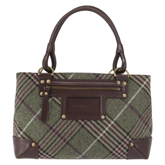 BURBERRY Nova Check Tote Bag Wool Leather Green Brown Auth BA5684