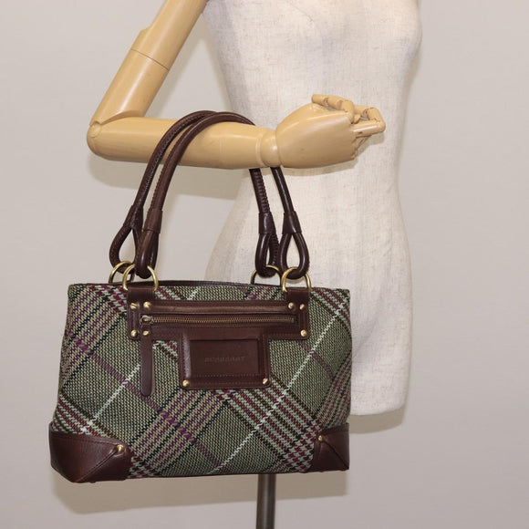 BURBERRY Nova Check Tote Bag Wool Leather Green Brown Auth BA5684