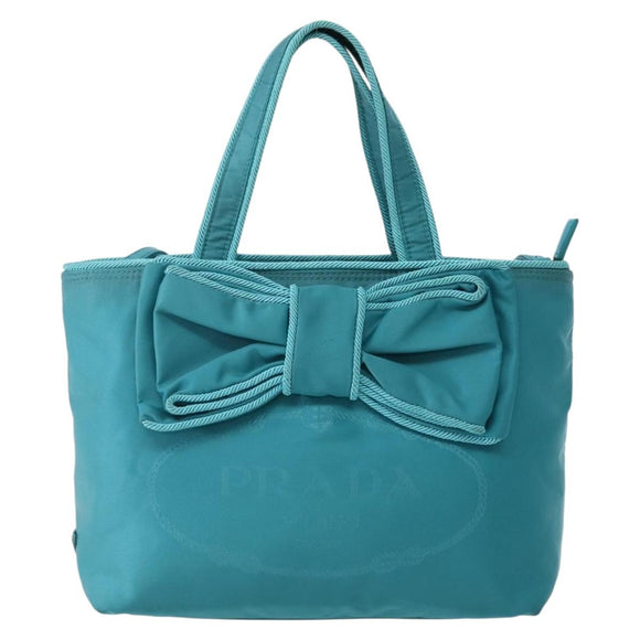 PRADA Hand Bag Nylon 2way Turquoise Blue Gold Auth BA5686