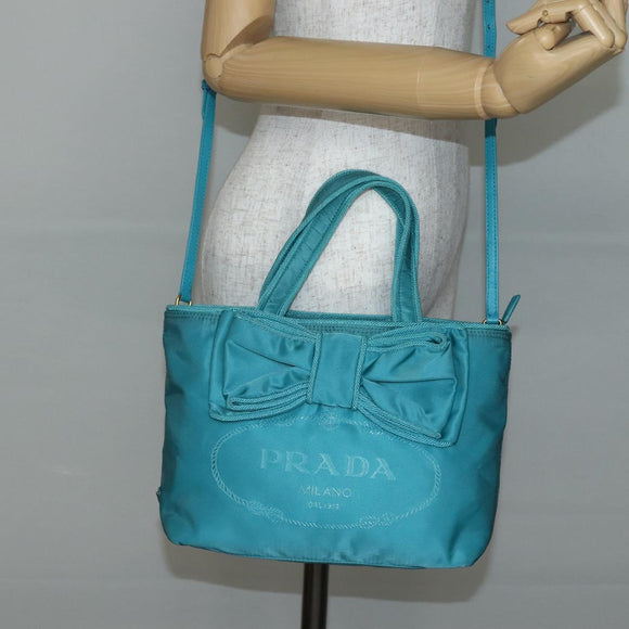 PRADA Hand Bag Nylon 2way Turquoise Blue Gold Auth BA5686