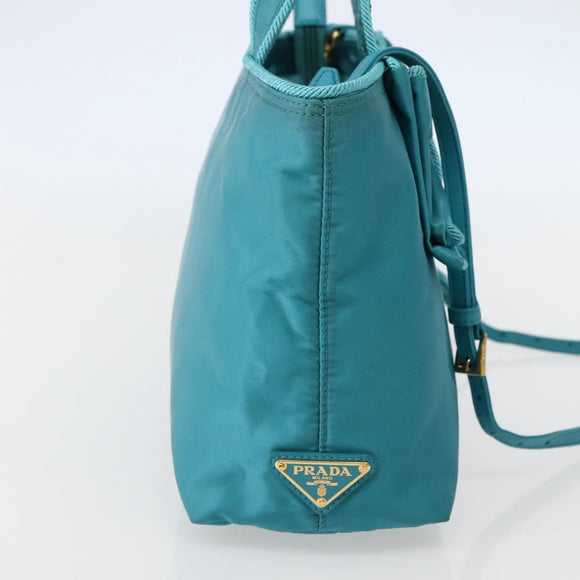 PRADA Hand Bag Nylon 2way Turquoise Blue Gold Auth BA5686