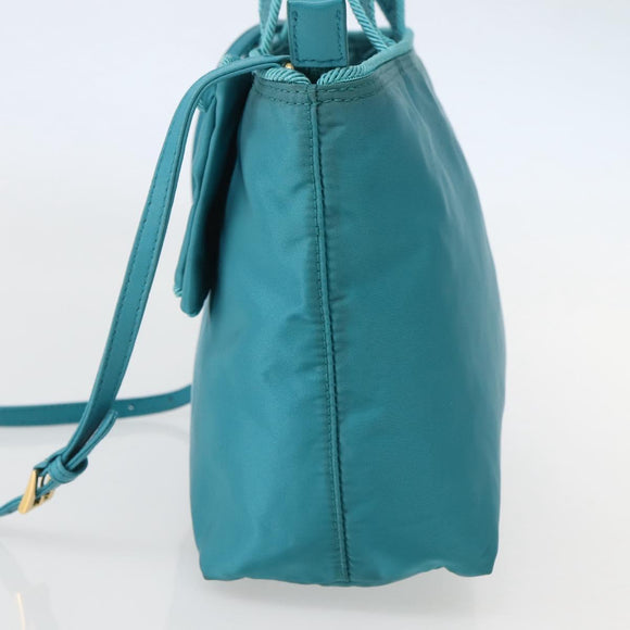 PRADA Hand Bag Nylon 2way Turquoise Blue Gold Auth BA5686