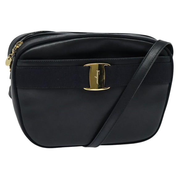 Salvatore Ferragamo Shoulder Bag Leather Navy Gold Auth BA569