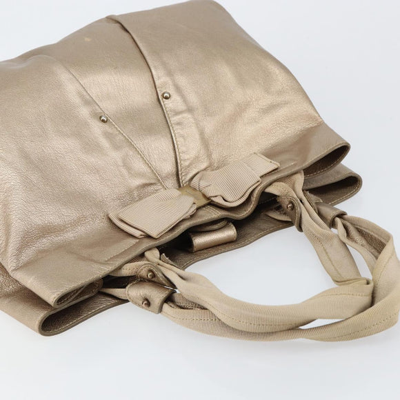 Salvatore Ferragamo Vala Hand Bag Leather Beige Gold Auth BA5699