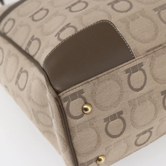 Salvatore Ferragamo Gancini Tote Bag Leather Canvas Beige Gold Auth BA5709