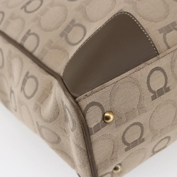 Salvatore Ferragamo Gancini Tote Bag Leather Canvas Beige Gold Auth BA5709