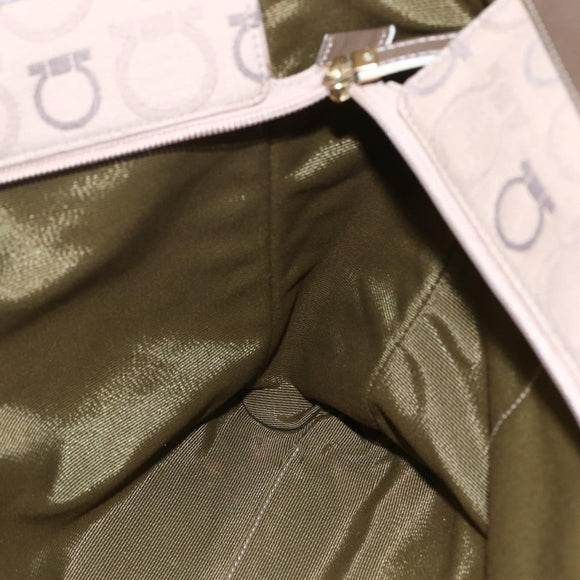 Salvatore Ferragamo Gancini Tote Bag Leather Canvas Beige Gold Auth BA5709