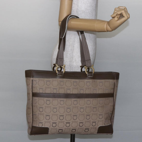 Salvatore Ferragamo Gancini Tote Bag Leather Canvas Beige Gold Auth BA5709