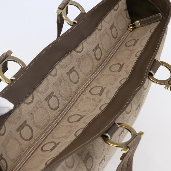 Salvatore Ferragamo Gancini Tote Bag Leather Canvas Beige Gold Auth BA5709