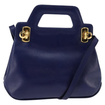Salvatore Ferragamo Gancini Hand Bag Leather 2way Blue Gold Auth BA5742
