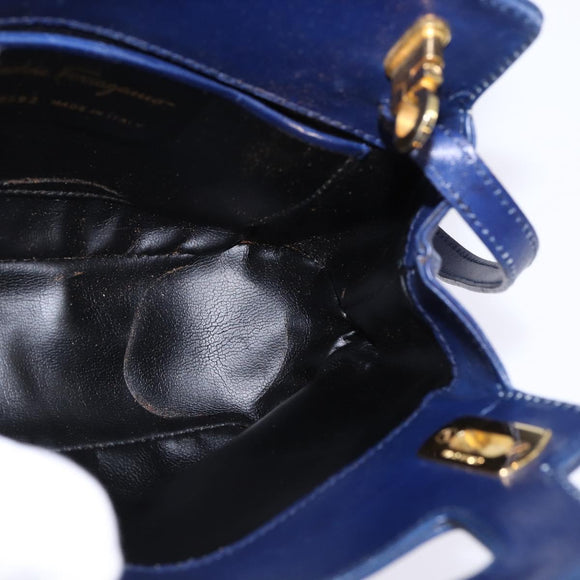 Salvatore Ferragamo Gancini Hand Bag Leather 2way Blue Gold Auth BA5742