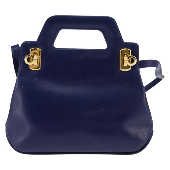 Salvatore Ferragamo Gancini Hand Bag Leather 2way Blue Gold Auth BA5742