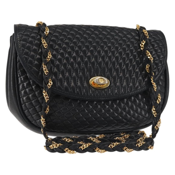 BALLY Chain Shoulder Bag Leather Black Gold Auth BA5751