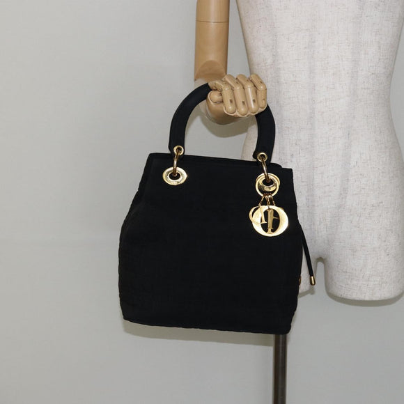 Christian Dior Lady Dior Canage Hand Bag Nylon Black Gold Auth BA5759