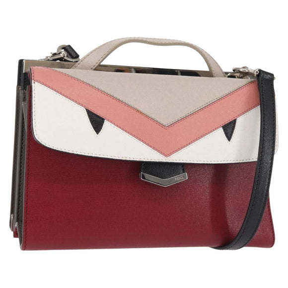 FENDI Demi Jour Bag Bugs Monster Hand Bag Leather 2way Red Silver Auth BA5782