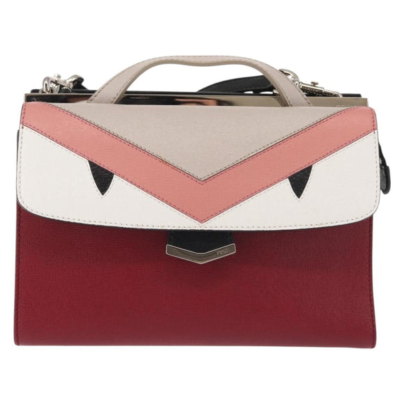 FENDI Demi Jour Bag Bugs Monster Hand Bag Leather 2way Red Silver Auth BA5782