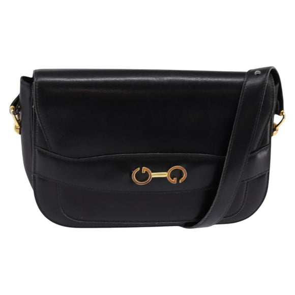 GUCCI Shoulder Bag Leather Black Gold Auth BA5818