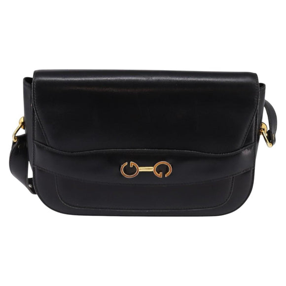 GUCCI Shoulder Bag Leather Black Gold Auth BA5818