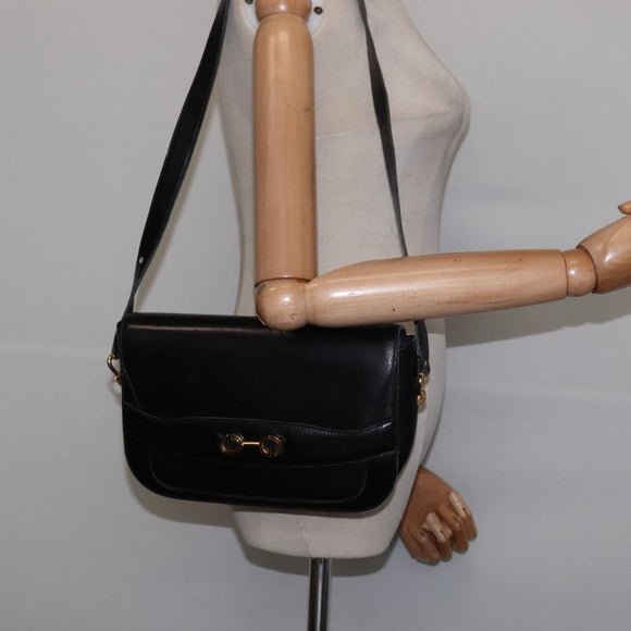 GUCCI Shoulder Bag Leather Black Gold Auth BA5818