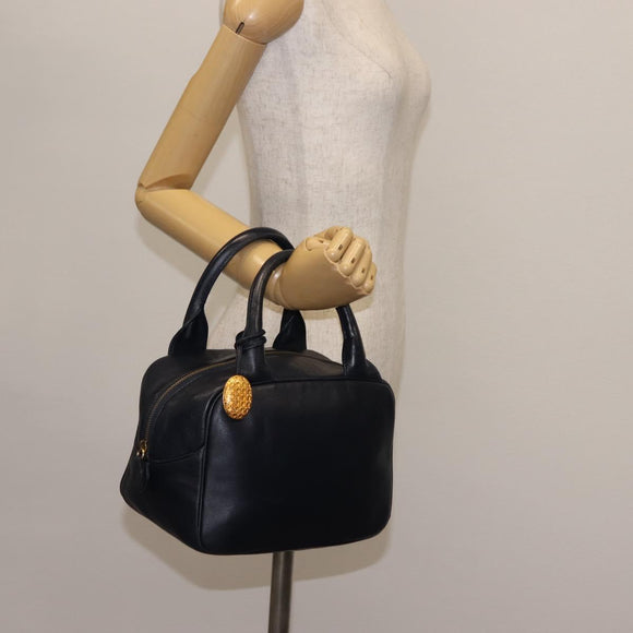 Christian Dior Hand Bag Leather Navy Gold Auth BA5820