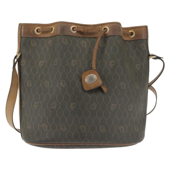 Christian Dior Honeycomb Canvas Shoulder Bag PVC Black Gold Auth BA5823