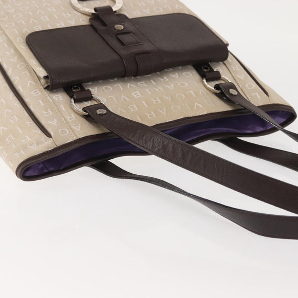 BVLGARI Logo Mania Tote Bag Canvas Beige Silver Auth BA5834