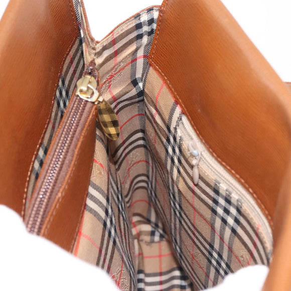 Burberrys Tote Bag Leather Brown Gold Auth BA5836