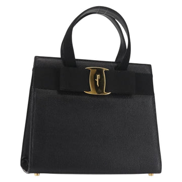 Salvatore Ferragamo Vala Hand Bag Embossed Leather Black Gold Auth BA5845