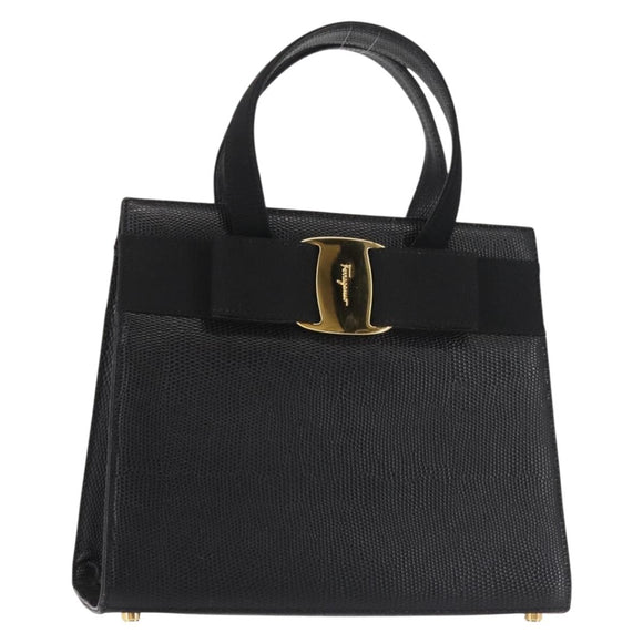 Salvatore Ferragamo Vala Hand Bag Embossed Leather Black Gold Auth BA5845