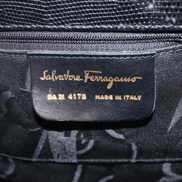 Salvatore Ferragamo Vala Hand Bag Embossed Leather Black Gold Auth BA5845