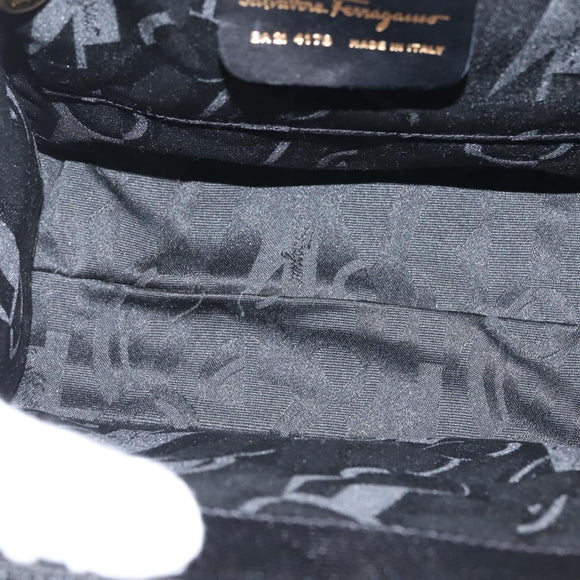 Salvatore Ferragamo Vala Hand Bag Embossed Leather Black Gold Auth BA5845