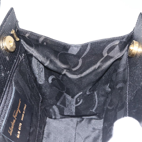 Salvatore Ferragamo Vala Hand Bag Embossed Leather Black Gold Auth BA5845