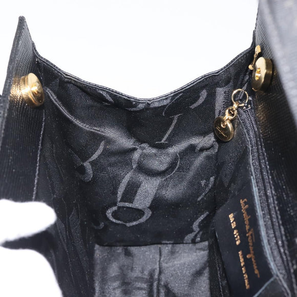 Salvatore Ferragamo Vala Hand Bag Embossed Leather Black Gold Auth BA5845
