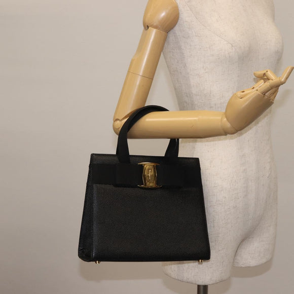 Salvatore Ferragamo Vala Hand Bag Embossed Leather Black Gold Auth BA5845