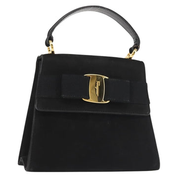 Salvatore Ferragamo Vala Hand Bag Suede Black Gold Auth BA5846