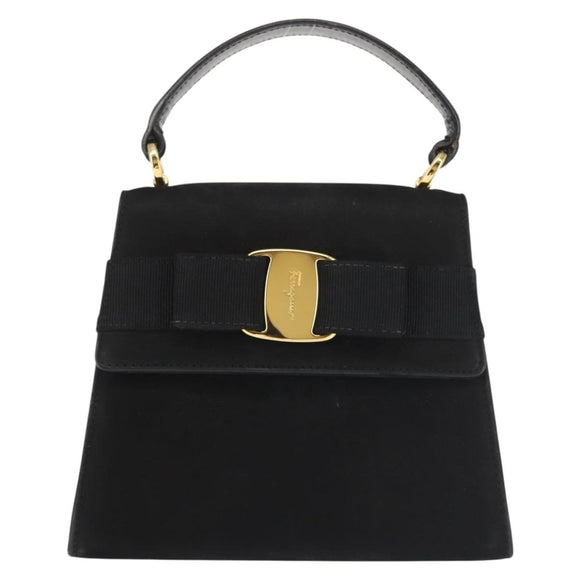 Salvatore Ferragamo Vala Hand Bag Suede Black Gold Auth BA5846