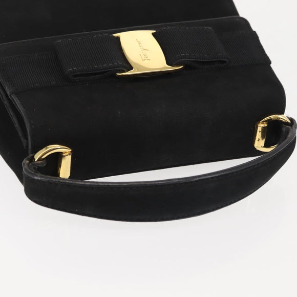 Salvatore Ferragamo Vala Hand Bag Suede Black Gold Auth BA5846